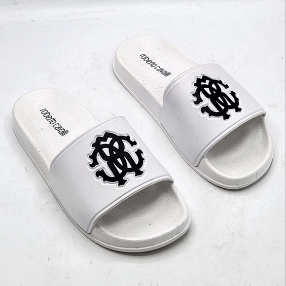 Roberto Cavalli Women Logo Pool Slides Sandals In White Size 6 - Picture 1 of 16